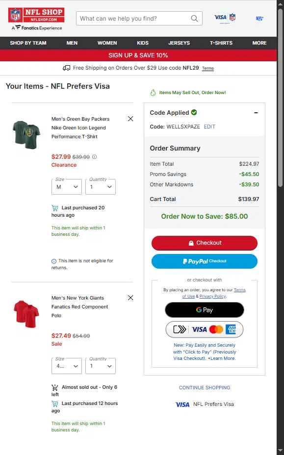 New York Giants checkout page showing New York Giants promo code box | Screenshot taken by SimplyCodes community member on Jan 16, 2026