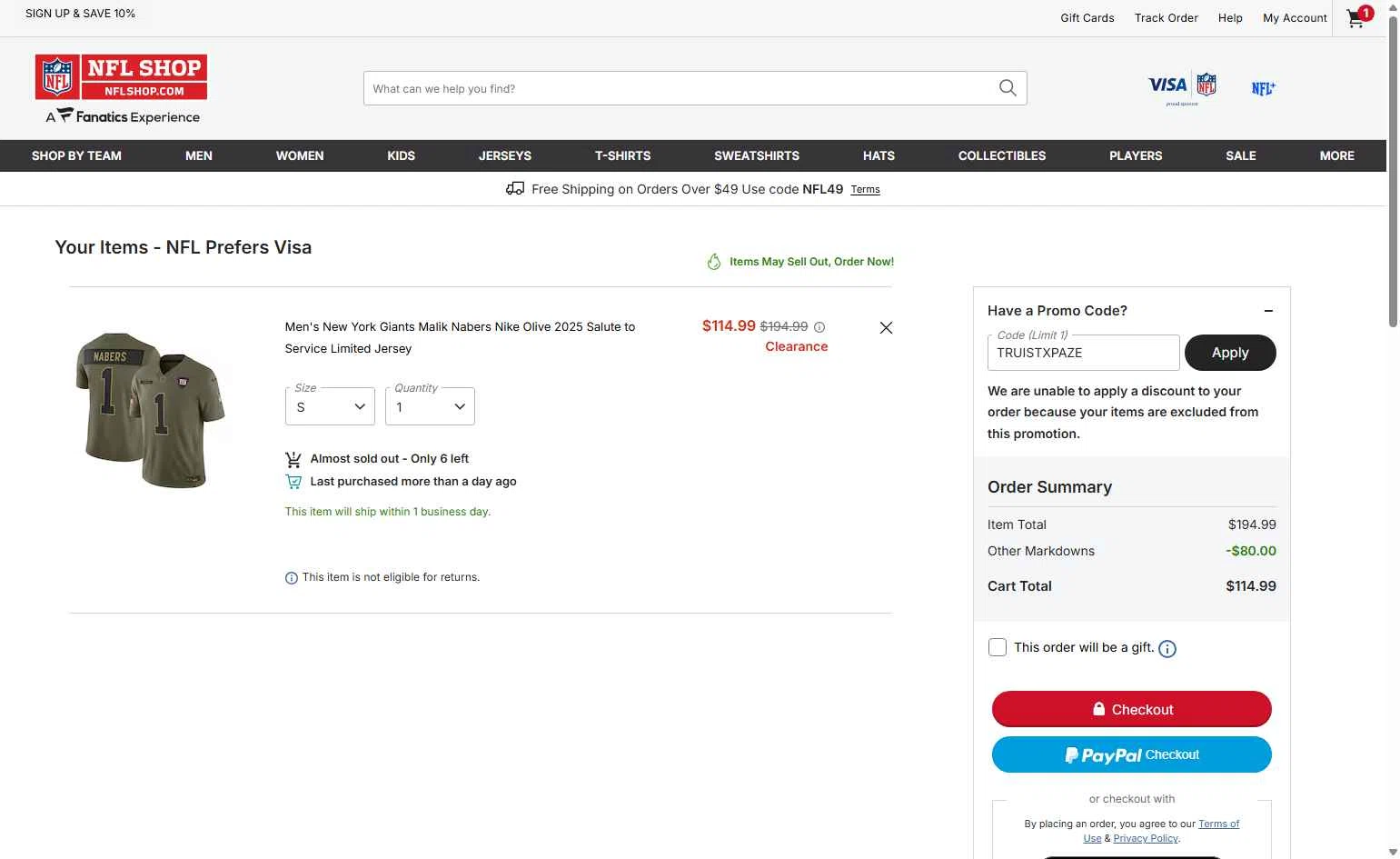 New York Giants checkout page showing New York Giants promo code box | Screenshot taken by SimplyCodes community member on Feb 6, 2026