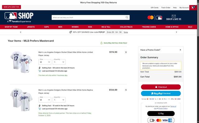 New York Mets checkout page showing New York Mets promo code box | Screenshot taken by SimplyCodes community member on Oct 3, 2025