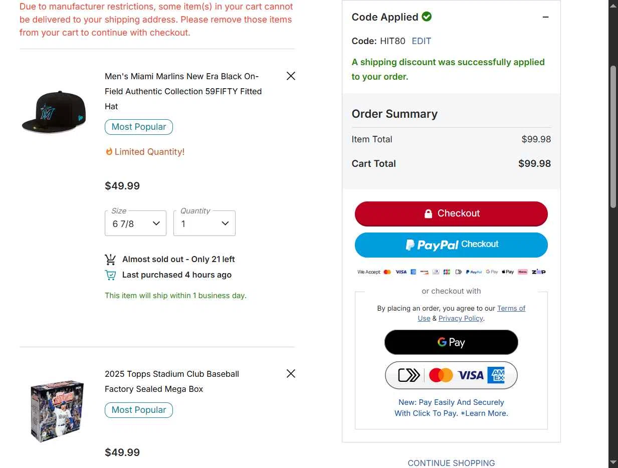 New York Mets checkout page showing New York Mets promo code box | Screenshot taken by SimplyCodes community member on Feb 21, 2026