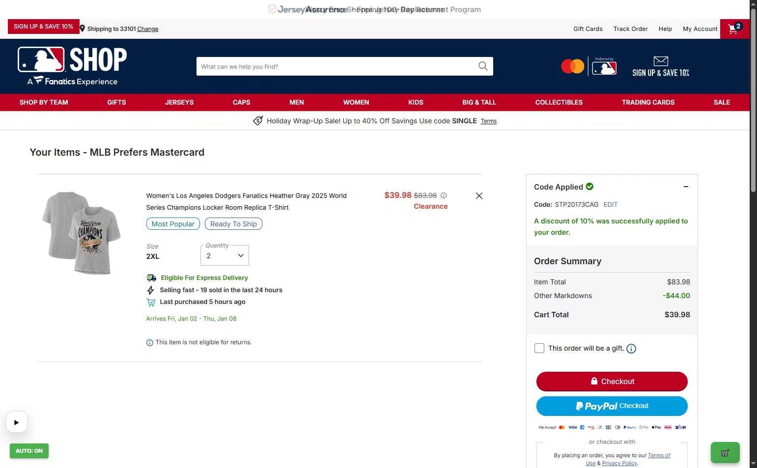 New York Mets checkout page showing New York Mets promo code box | Screenshot taken by SimplyCodes community member on Dec 27, 2025