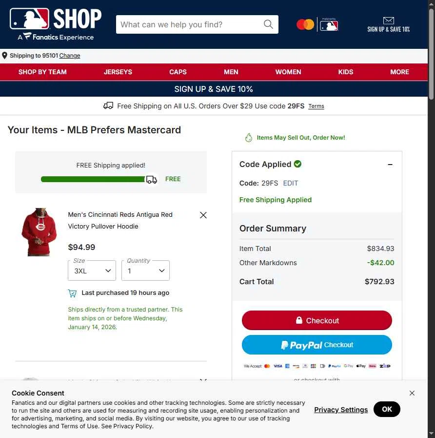 New York Mets checkout page showing New York Mets promo code box | Screenshot taken by SimplyCodes community member on Jan 13, 2026