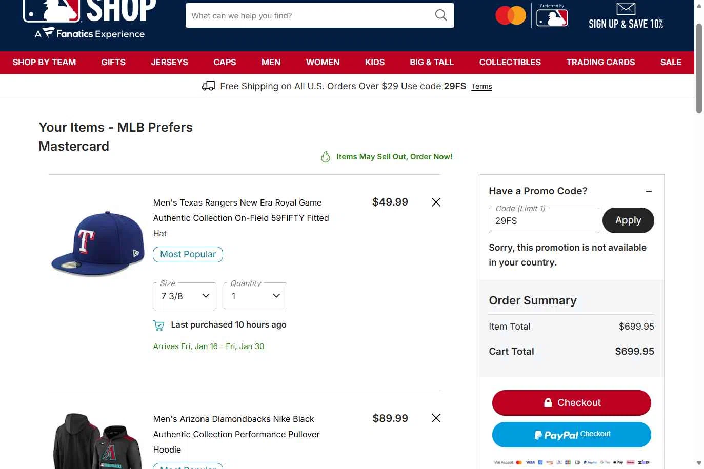 New York Mets checkout page showing New York Mets promo code box | Screenshot taken by SimplyCodes community member on Jan 1, 2026