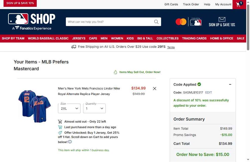 New York Mets checkout page showing New York Mets promo code box | Screenshot taken by SimplyCodes community member on Feb 6, 2026