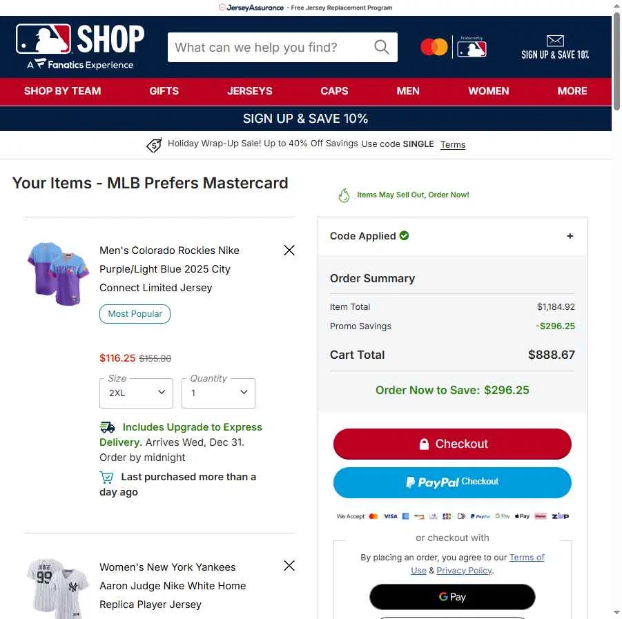 New York Mets checkout page showing New York Mets promo code box | Screenshot taken by SimplyCodes community member on Dec 28, 2025