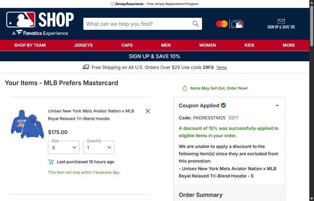 New York Mets checkout page showing New York Mets promo code box | Screenshot taken by SimplyCodes community member on Sep 5, 2025