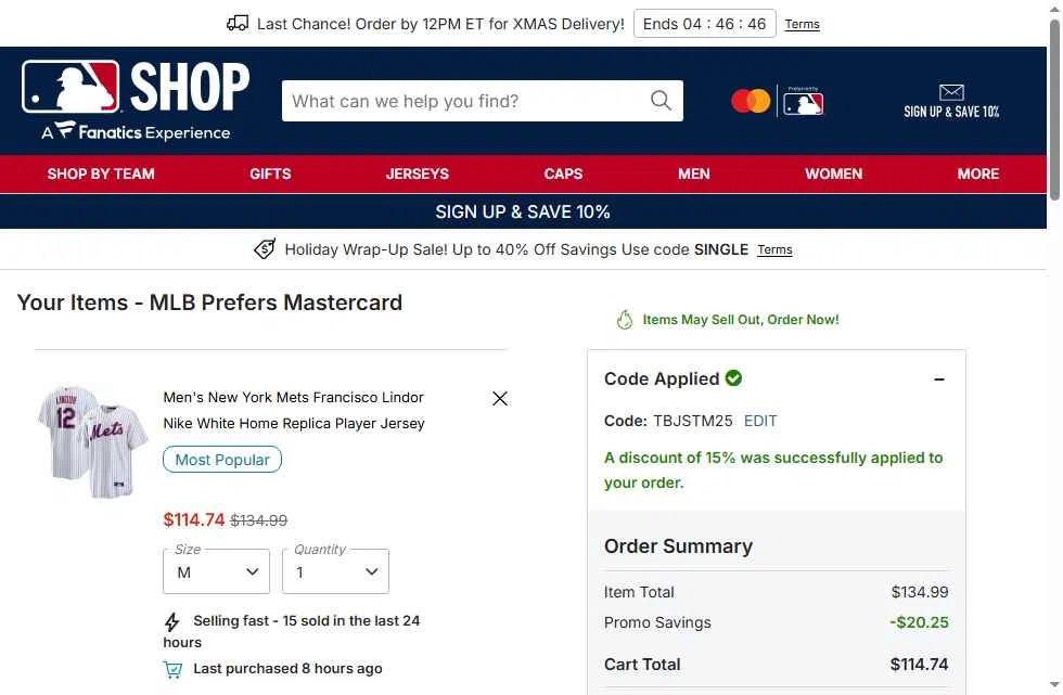 New York Mets checkout page showing New York Mets promo code box | Screenshot taken by SimplyCodes community member on Dec 22, 2025