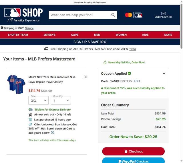 New York Mets checkout page showing New York Mets promo code box | Screenshot taken by SimplyCodes community member on Sep 7, 2025