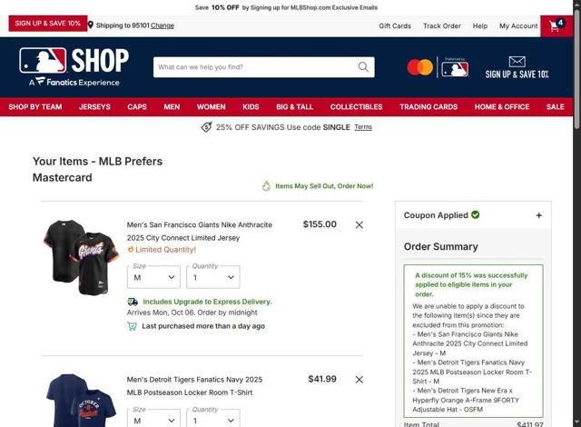 New York Mets checkout page showing New York Mets promo code box | Screenshot taken by SimplyCodes community member on Oct 1, 2025