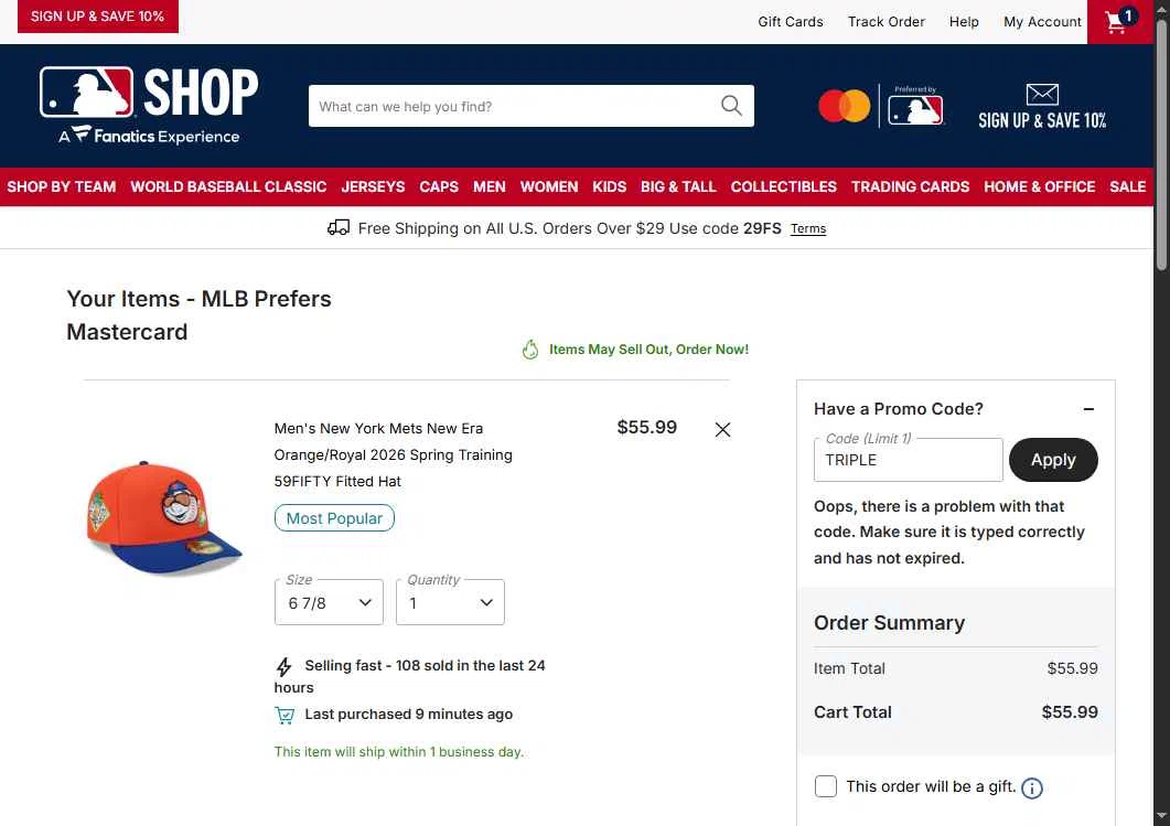 New York Mets checkout page showing New York Mets promo code box | Screenshot taken by SimplyCodes community member on Feb 19, 2026