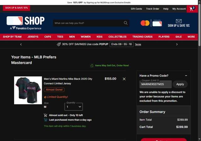 New York Mets checkout page showing New York Mets promo code box | Screenshot taken by SimplyCodes community member on Oct 3, 2025