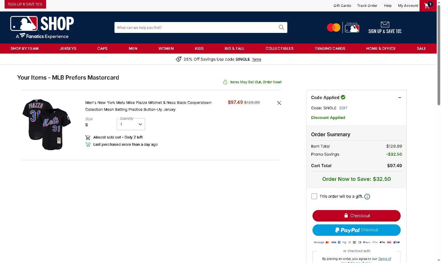 New York Mets checkout page showing New York Mets promo code box | Screenshot taken by SimplyCodes community member on Jan 15, 2026