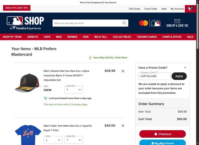 New York Mets checkout page showing New York Mets promo code box | Screenshot taken by SimplyCodes community member on Oct 1, 2025