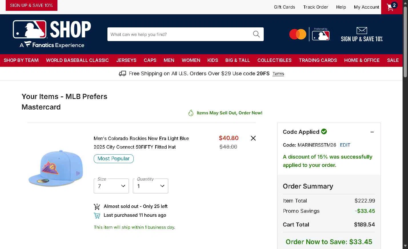 New York Mets checkout page showing New York Mets promo code box | Screenshot taken by SimplyCodes community member on Feb 22, 2026