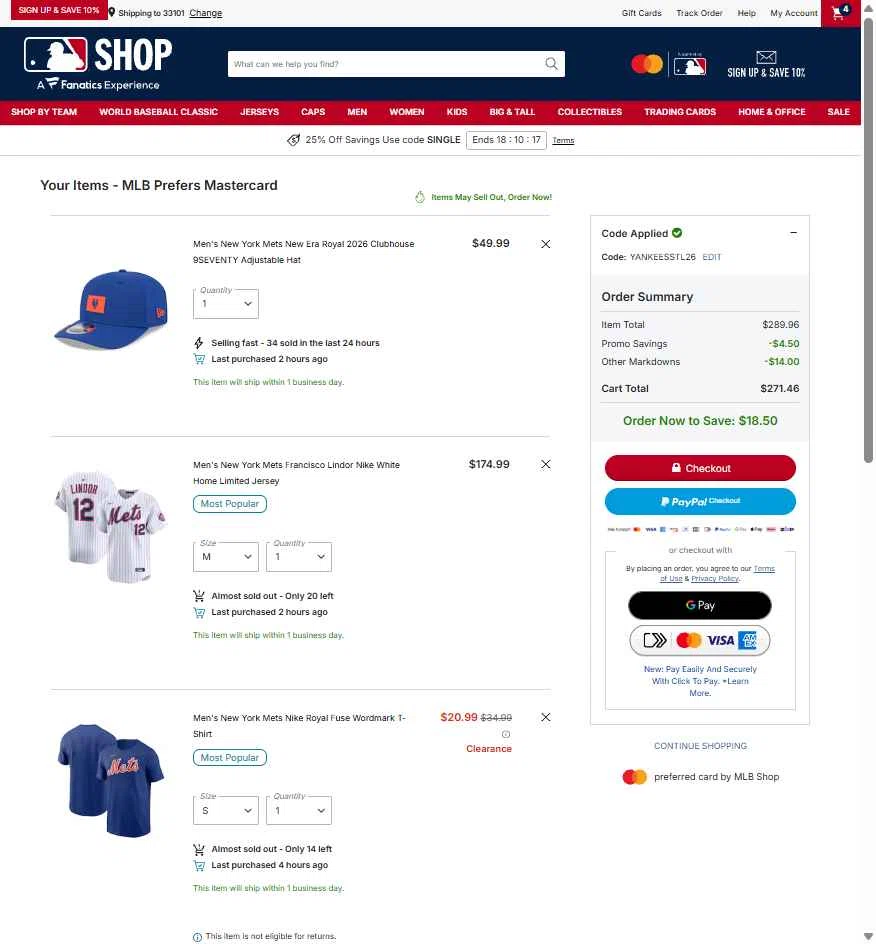 New York Mets checkout page showing New York Mets promo code box | Screenshot taken by SimplyCodes community member on Feb 24, 2026