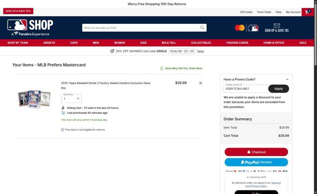 New York Mets checkout page showing New York Mets promo code box | Screenshot taken by SimplyCodes community member on Sep 10, 2025