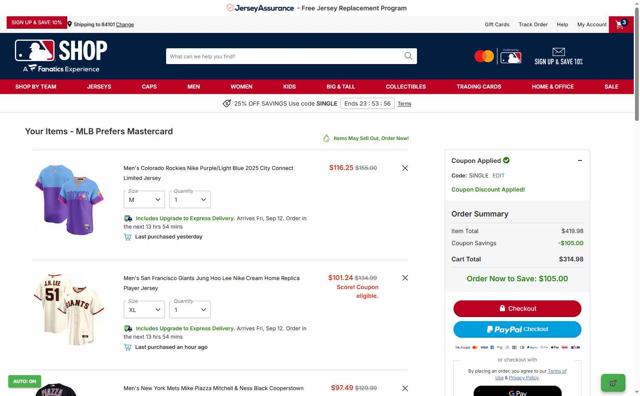 New York Mets checkout page showing New York Mets promo code box | Screenshot taken by SimplyCodes community member on Sep 10, 2025