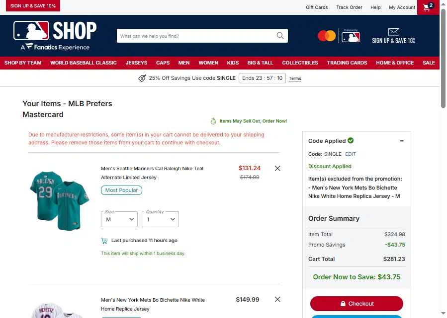 New York Mets checkout page showing New York Mets promo code box | Screenshot taken by SimplyCodes community member on Jan 28, 2026