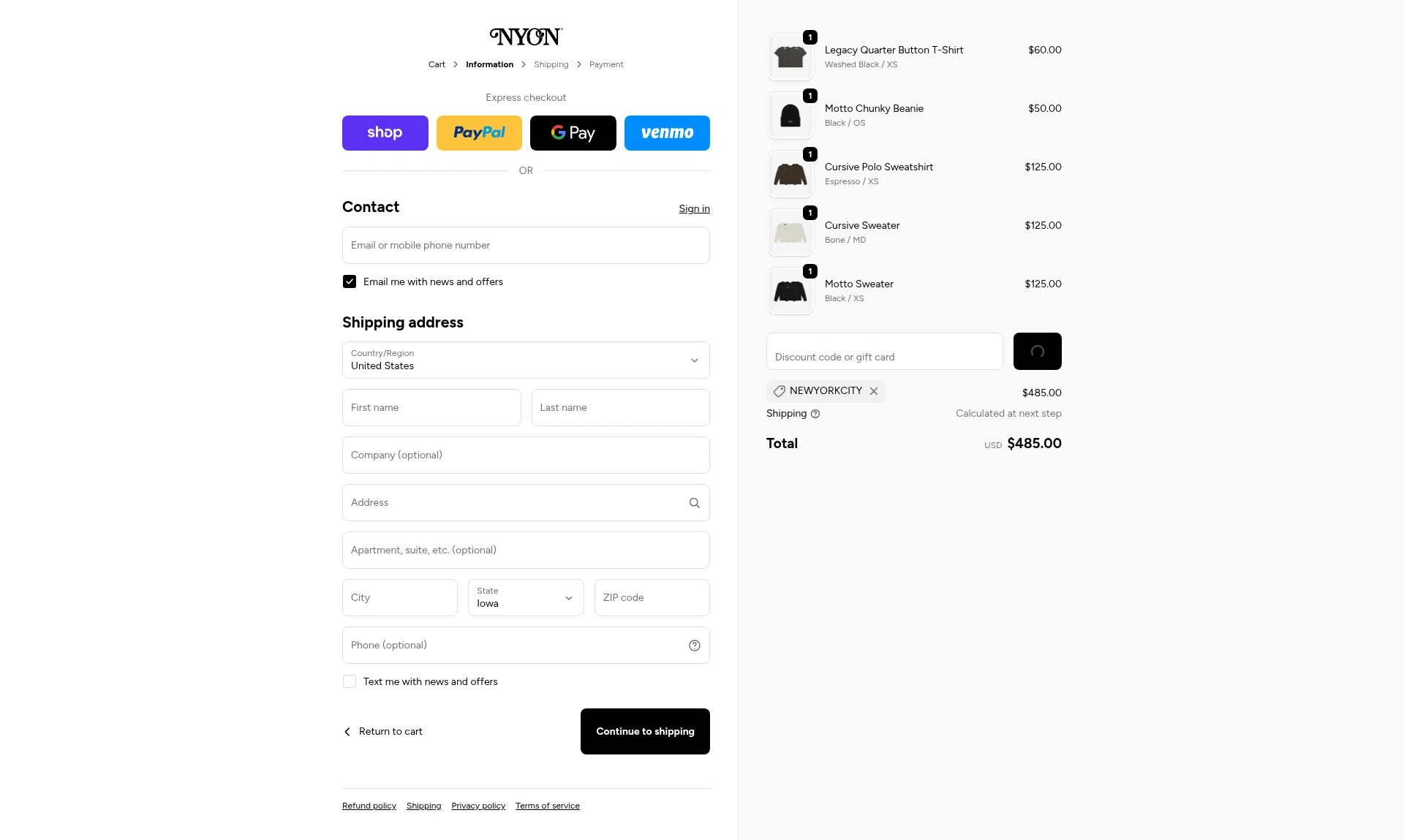 New York or Nowhere checkout page showing New York or Nowhere discount code box | Screenshot taken by SimplyCodes community member on Feb 19, 2026