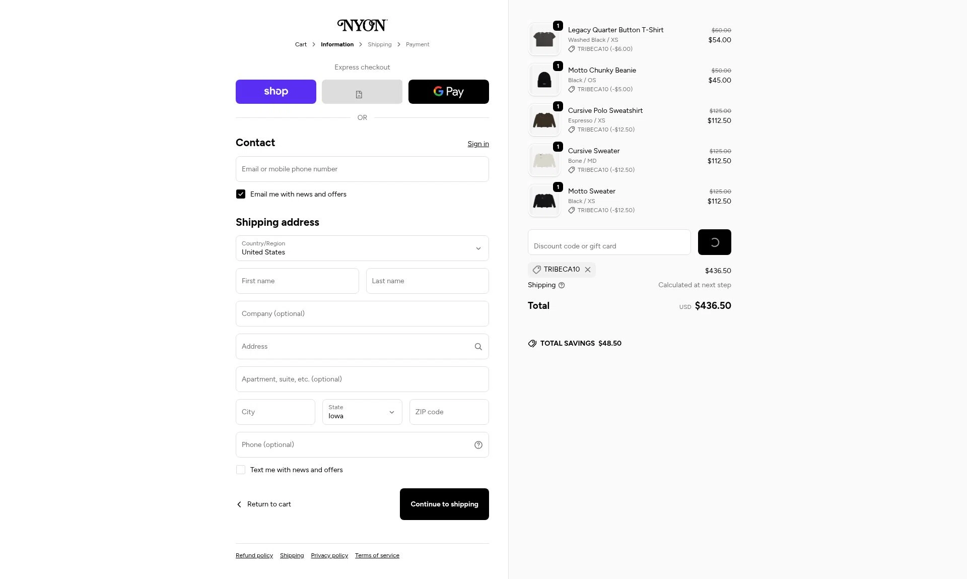 New York or Nowhere checkout page showing New York or Nowhere discount code box | Screenshot taken by SimplyCodes community member on Feb 14, 2026