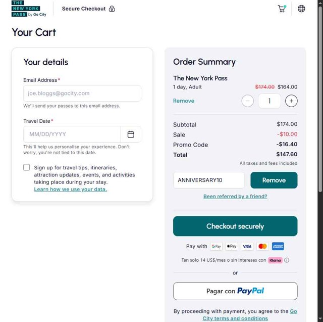 The New York Pass checkout page showing The New York Pass promo code box | Screenshot taken by SimplyCodes community member on Jul 31, 2025
