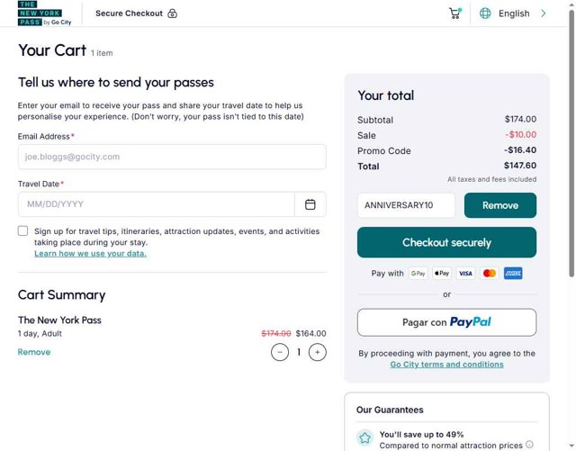 The New York Pass checkout page showing The New York Pass promo code box | Screenshot taken by SimplyCodes community member on Jul 2, 2025