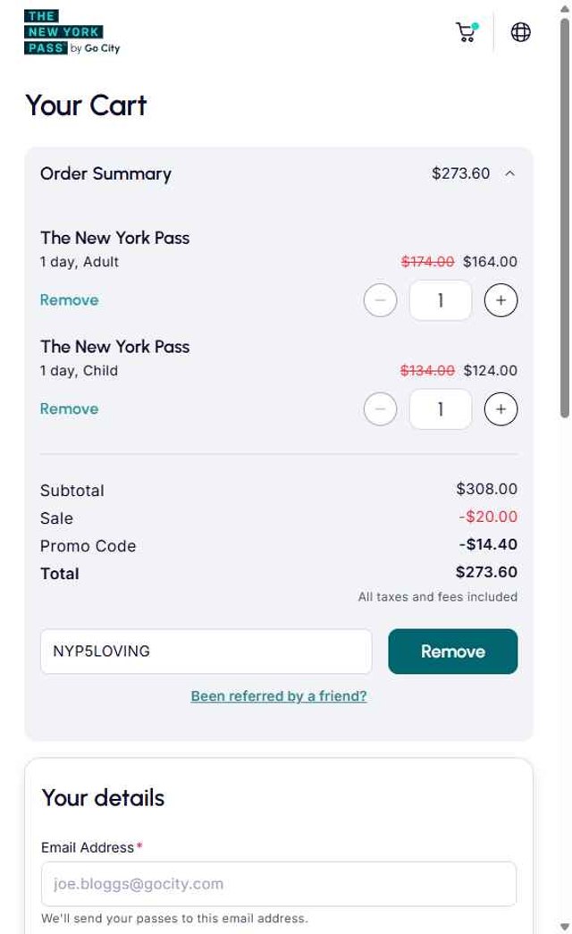 The New York Pass checkout page showing The New York Pass promo code box | Screenshot taken by SimplyCodes community member on Sep 2, 2025