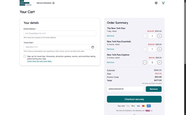 The New York Pass checkout page showing The New York Pass promo code box | Screenshot taken by SimplyCodes community member on Aug 14, 2025