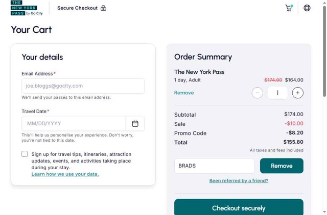 The New York Pass checkout page showing The New York Pass promo code box | Screenshot taken by SimplyCodes community member on Aug 21, 2025