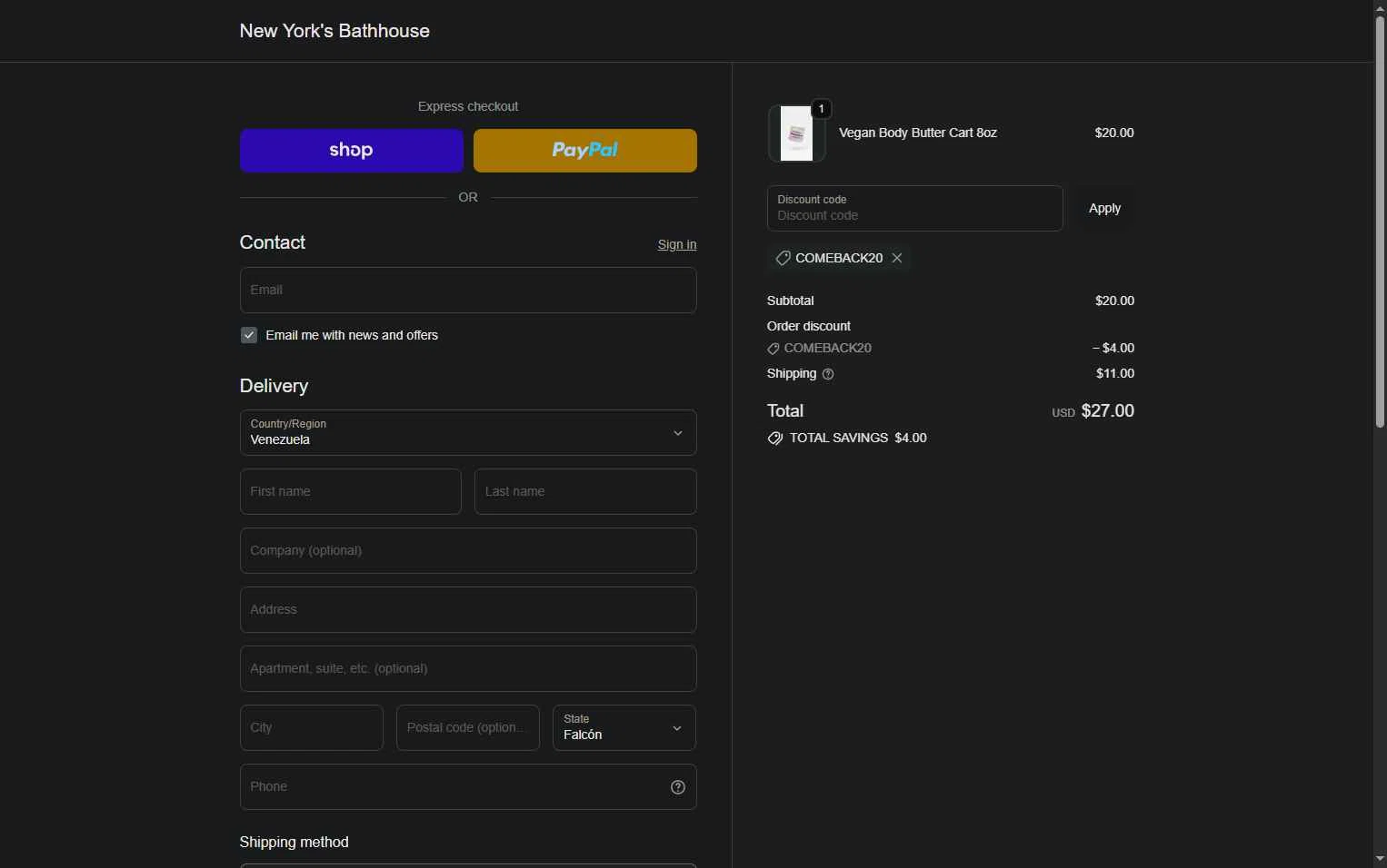 New York's Bathhouse checkout page showing New York's Bathhouse promo code box | Screenshot taken by SimplyCodes community member on Feb 9, 2026