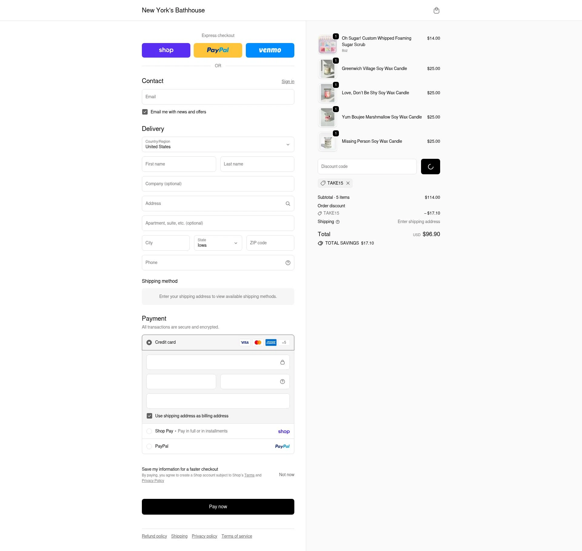 New York's Bathhouse checkout page showing New York's Bathhouse promo code box | Screenshot taken by SimplyCodes community member on Feb 18, 2026