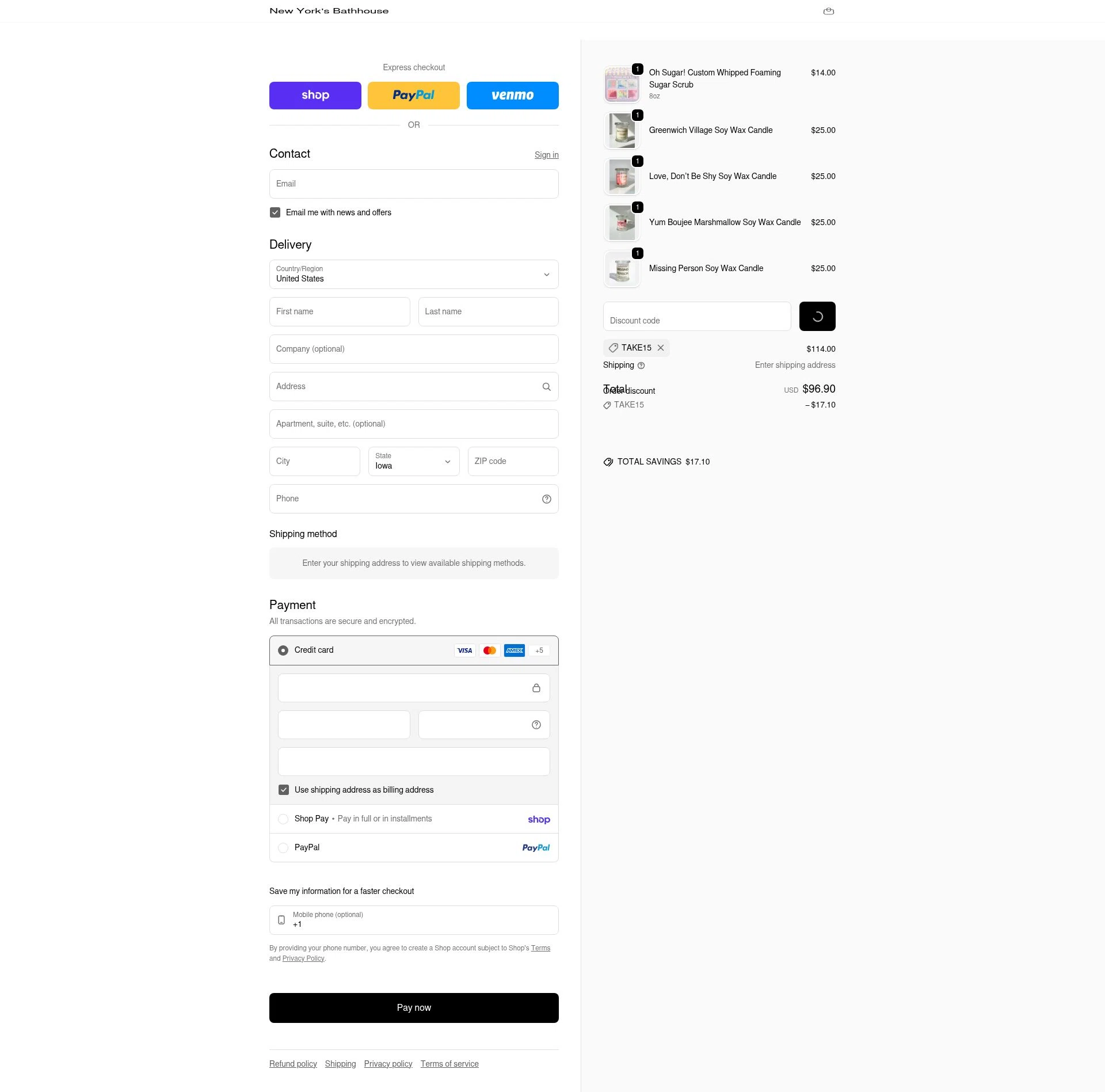 New York's Bathhouse checkout page showing New York's Bathhouse promo code box | Screenshot taken by SimplyCodes community member on Feb 12, 2026