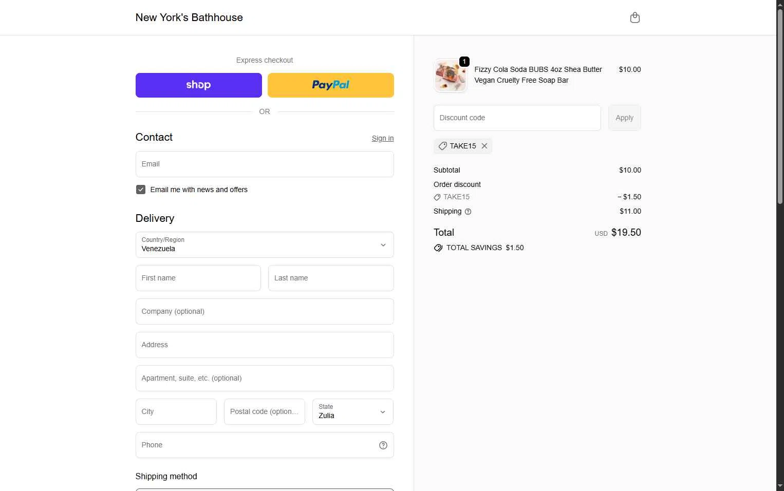 New York's Bathhouse checkout page showing New York's Bathhouse promo code box | Screenshot taken by SimplyCodes community member on Feb 12, 2026