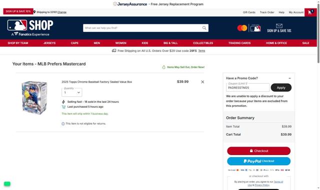 New York Yankees checkout page showing New York Yankees promo code box | Screenshot taken by SimplyCodes community member on Sep 2, 2025