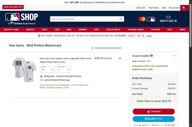 New York Yankees checkout page showing New York Yankees promo code box | Screenshot taken by SimplyCodes community member on Sep 30, 2025
