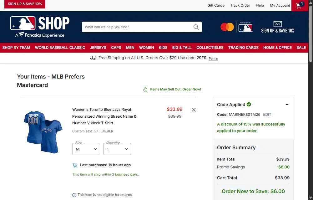 New York Yankees checkout page showing New York Yankees promo code box | Screenshot taken by SimplyCodes community member on Feb 22, 2026