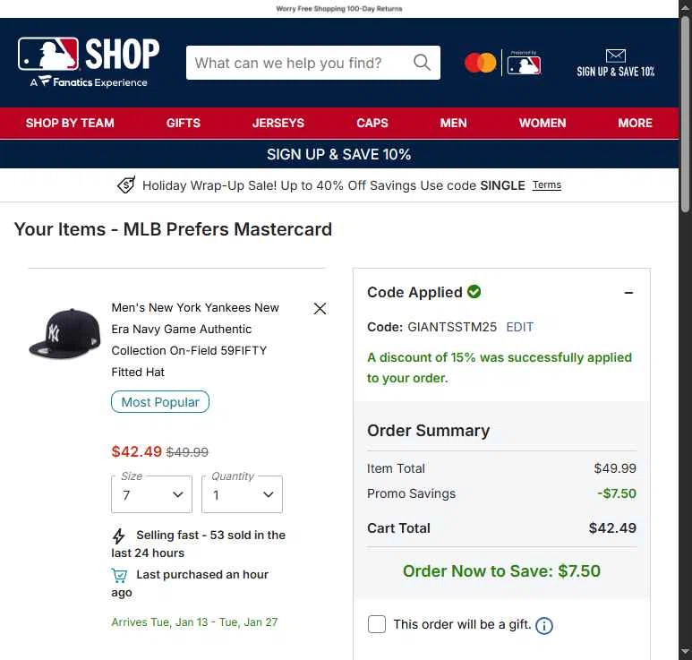 New York Yankees checkout page showing New York Yankees promo code box | Screenshot taken by SimplyCodes community member on Dec 27, 2025