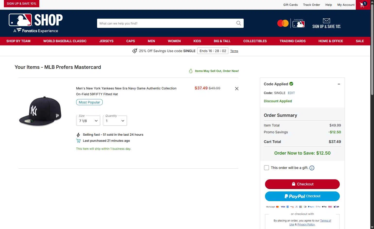 New York Yankees checkout page showing New York Yankees promo code box | Screenshot taken by SimplyCodes community member on Feb 10, 2026