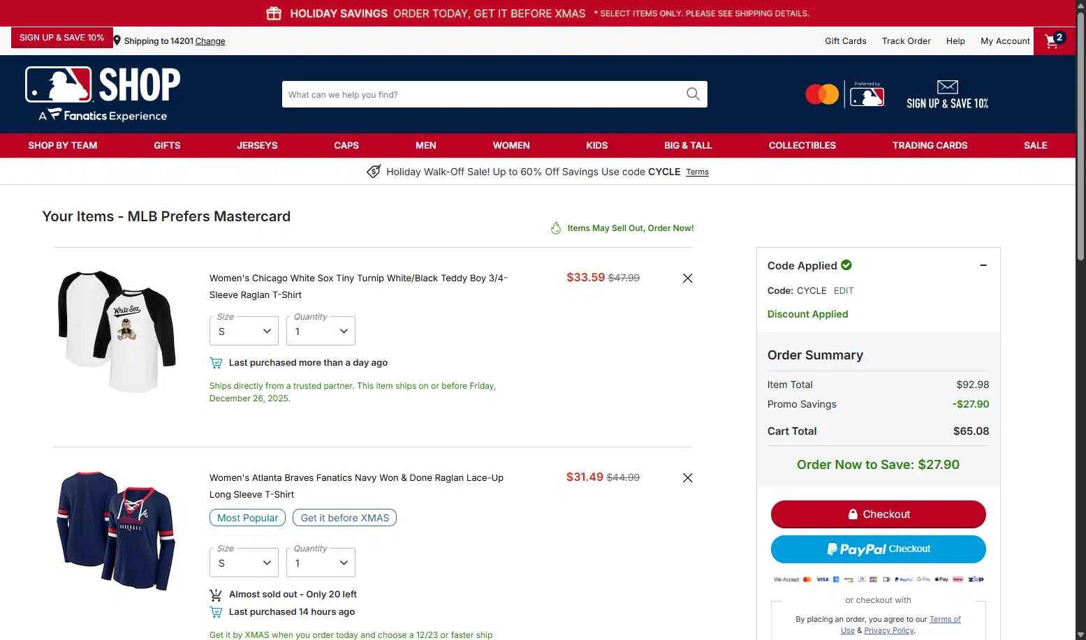New York Yankees checkout page showing New York Yankees promo code box | Screenshot taken by SimplyCodes community member on Dec 19, 2025