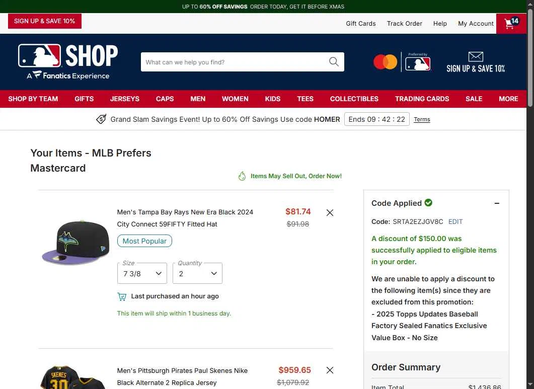New York Yankees checkout page showing New York Yankees promo code box | Screenshot taken by SimplyCodes community member on Dec 14, 2025