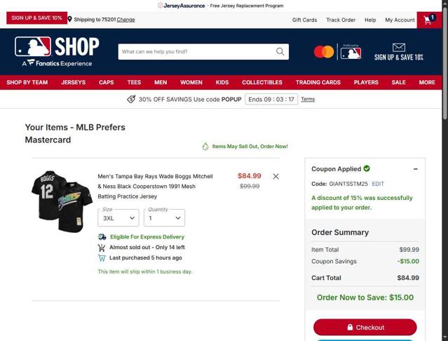 New York Yankees checkout page showing New York Yankees promo code box | Screenshot taken by SimplyCodes community member on Oct 3, 2025