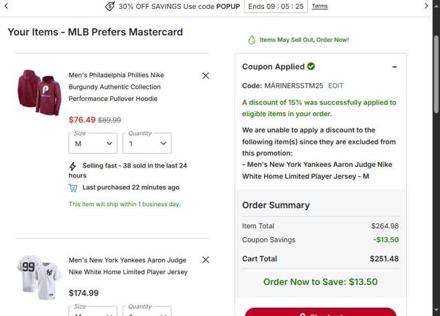 New York Yankees checkout page showing New York Yankees promo code box | Screenshot taken by SimplyCodes community member on Oct 3, 2025