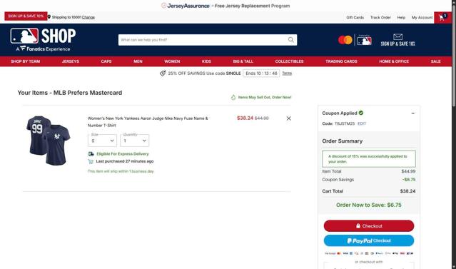 New York Yankees checkout page showing New York Yankees promo code box | Screenshot taken by SimplyCodes community member on Oct 2, 2025