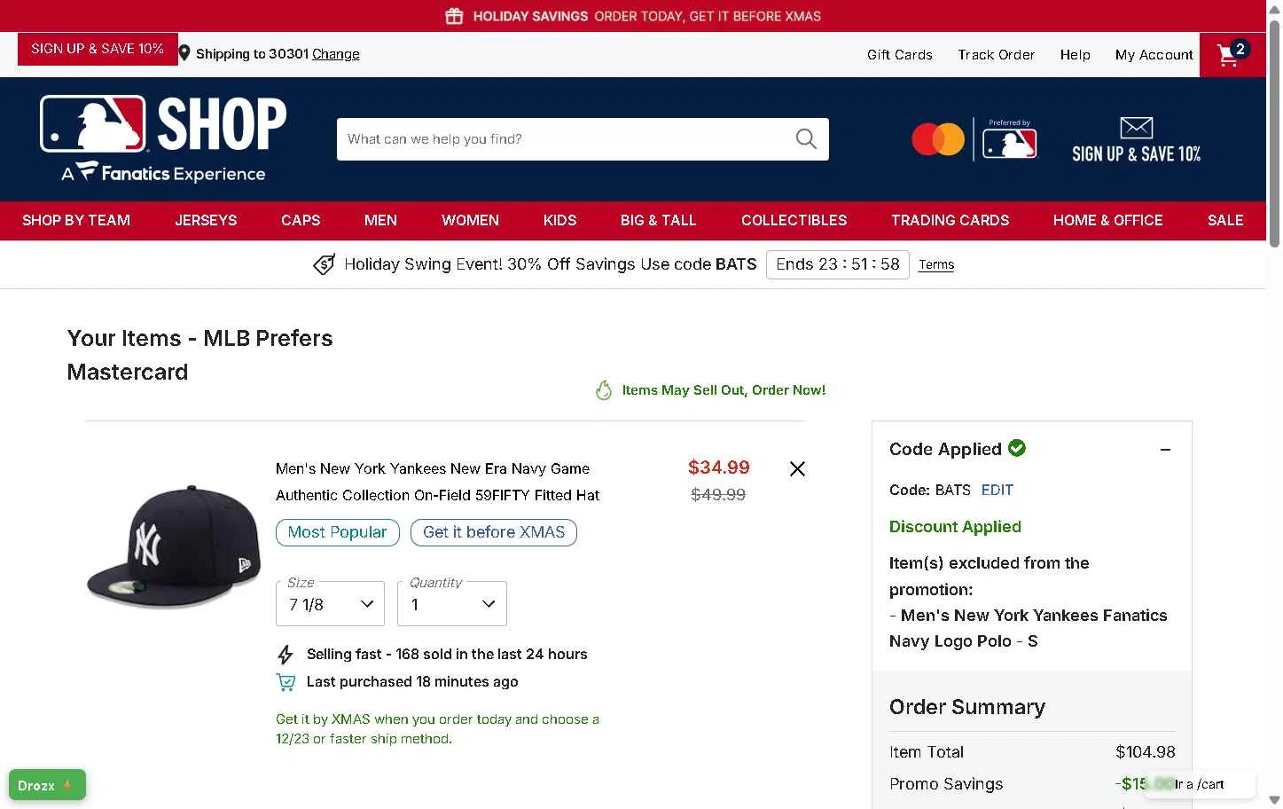 New York Yankees checkout page showing New York Yankees promo code box | Screenshot taken by SimplyCodes community member on Dec 15, 2025