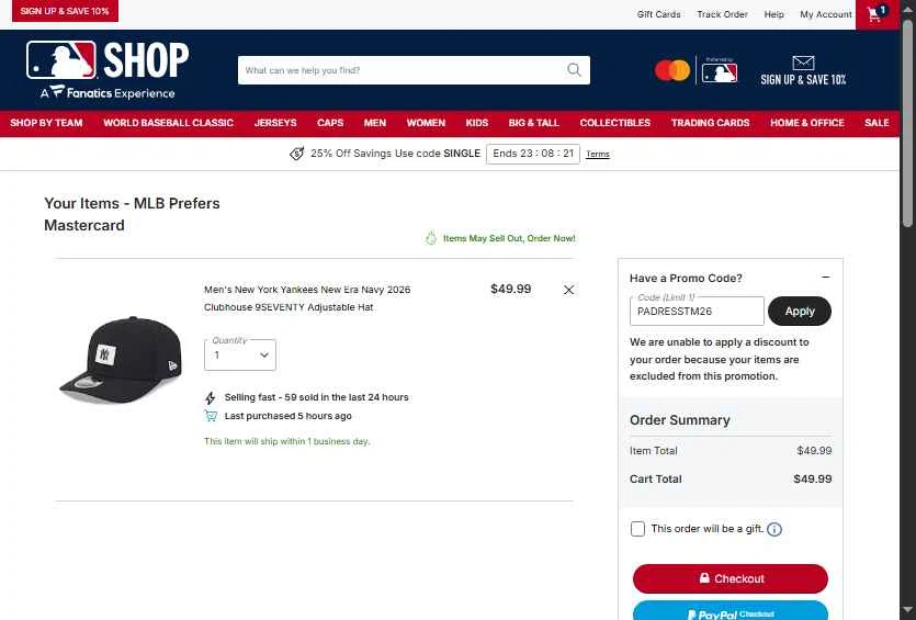 New York Yankees checkout page showing New York Yankees promo code box | Screenshot taken by SimplyCodes community member on Feb 24, 2026