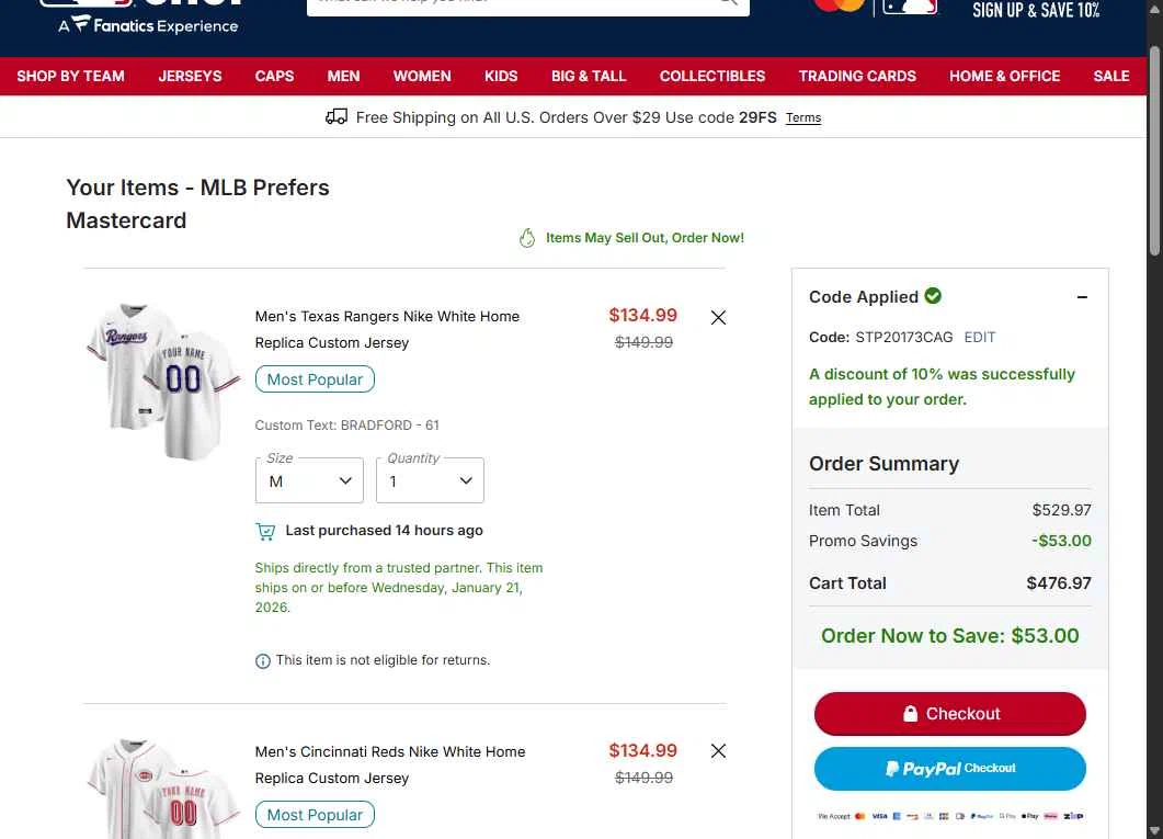 New York Yankees checkout page showing New York Yankees promo code box | Screenshot taken by SimplyCodes community member on Jan 7, 2026