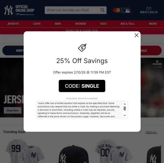 New York Yankees checkout page showing New York Yankees promo code box | Screenshot taken by SimplyCodes community member on Feb 10, 2026