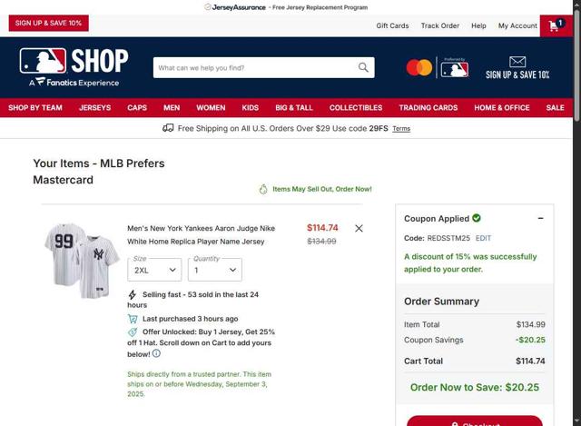 New York Yankees checkout page showing New York Yankees promo code box | Screenshot taken by SimplyCodes community member on Sep 2, 2025