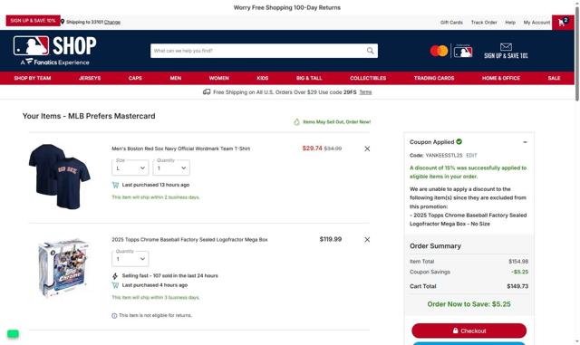 New York Yankees checkout page showing New York Yankees promo code box | Screenshot taken by SimplyCodes community member on Sep 7, 2025