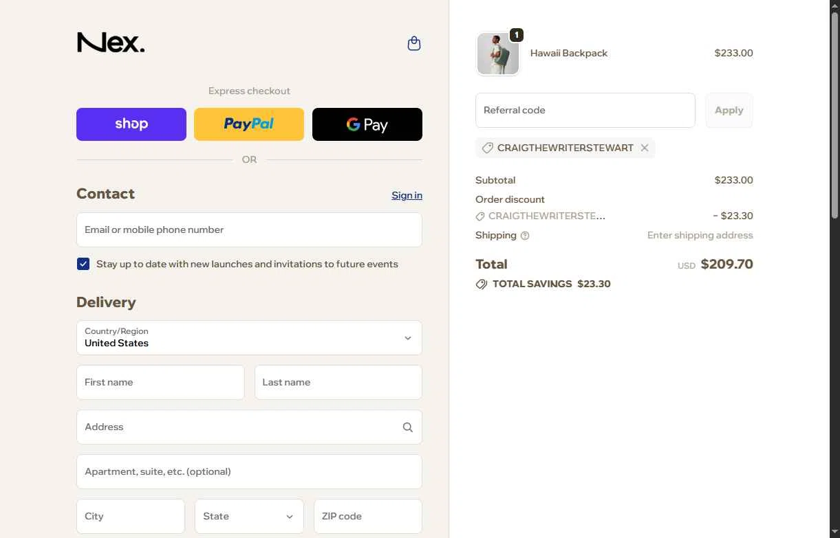 Nex. checkout page showing Nex. coupon code box | Screenshot taken by SimplyCodes community member on Jan 8, 2026